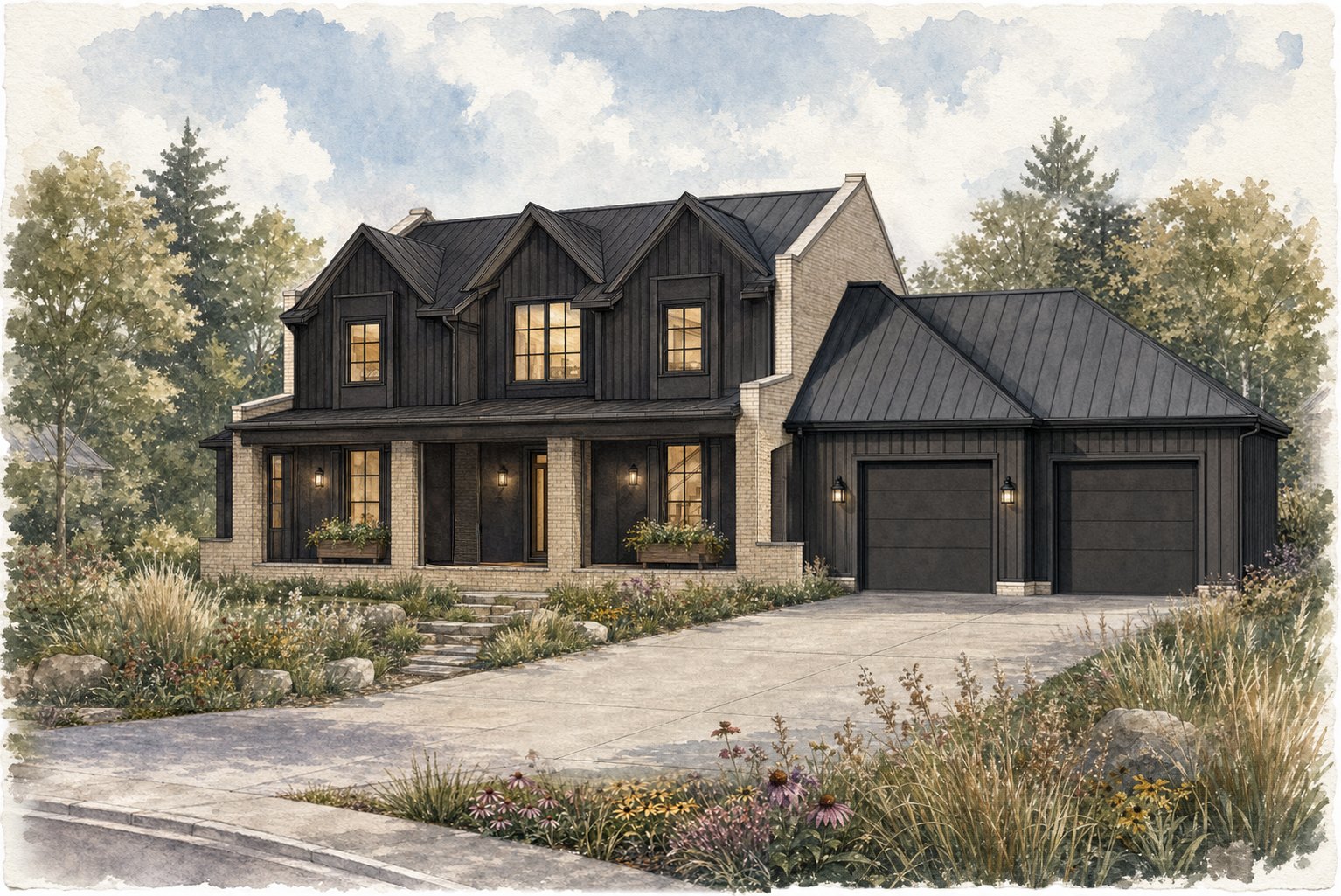 The Usonia Acre, dark treatment with steep gables and a brick buttress.