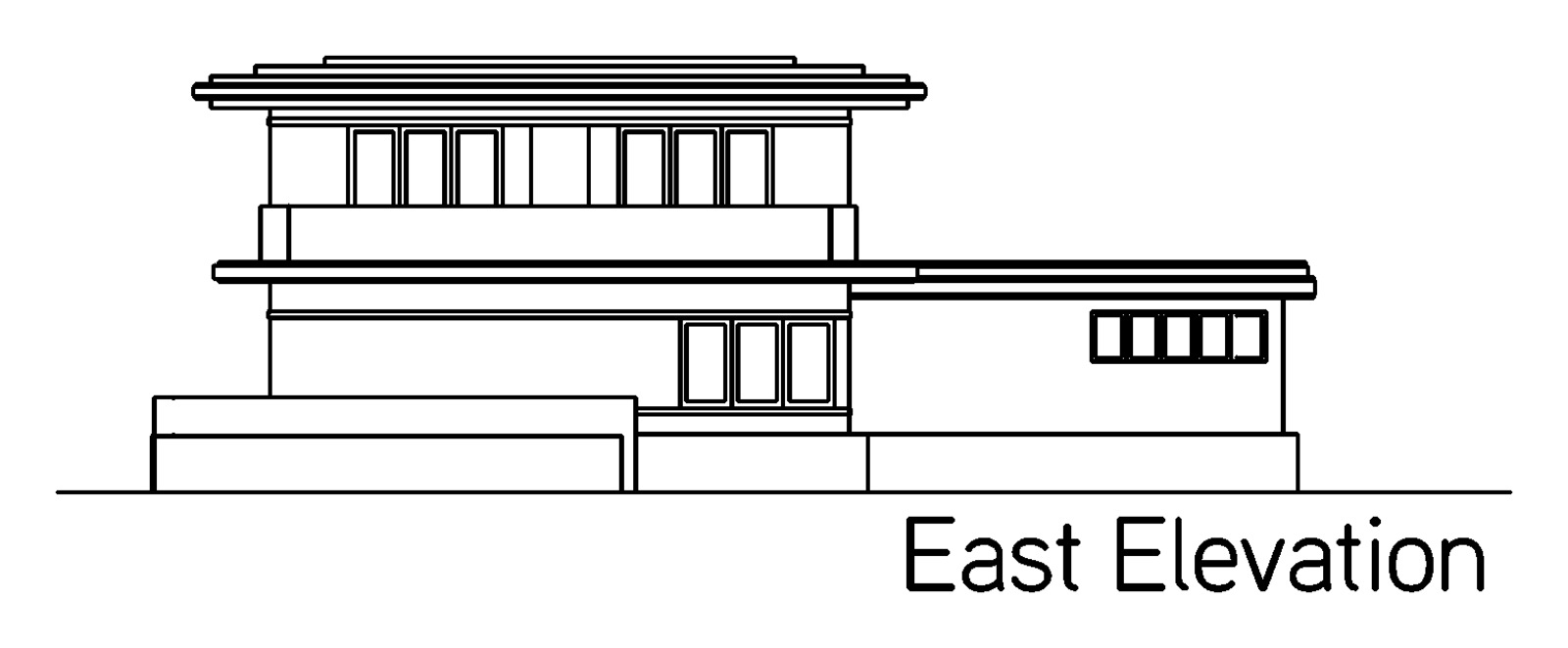 East elevation. The garden side, stepping down to a low terrace.