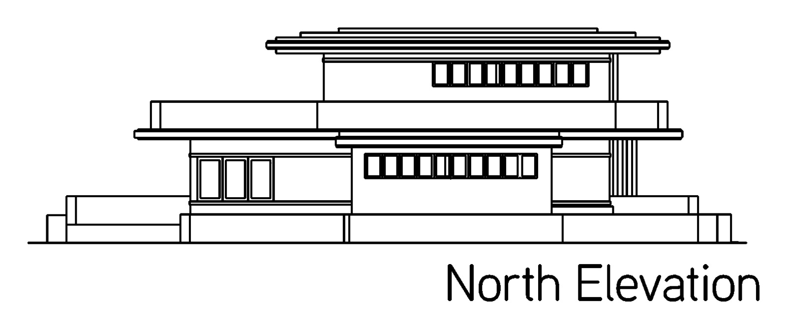 North elevation. The long side, showing the clerestory band above the main roof.