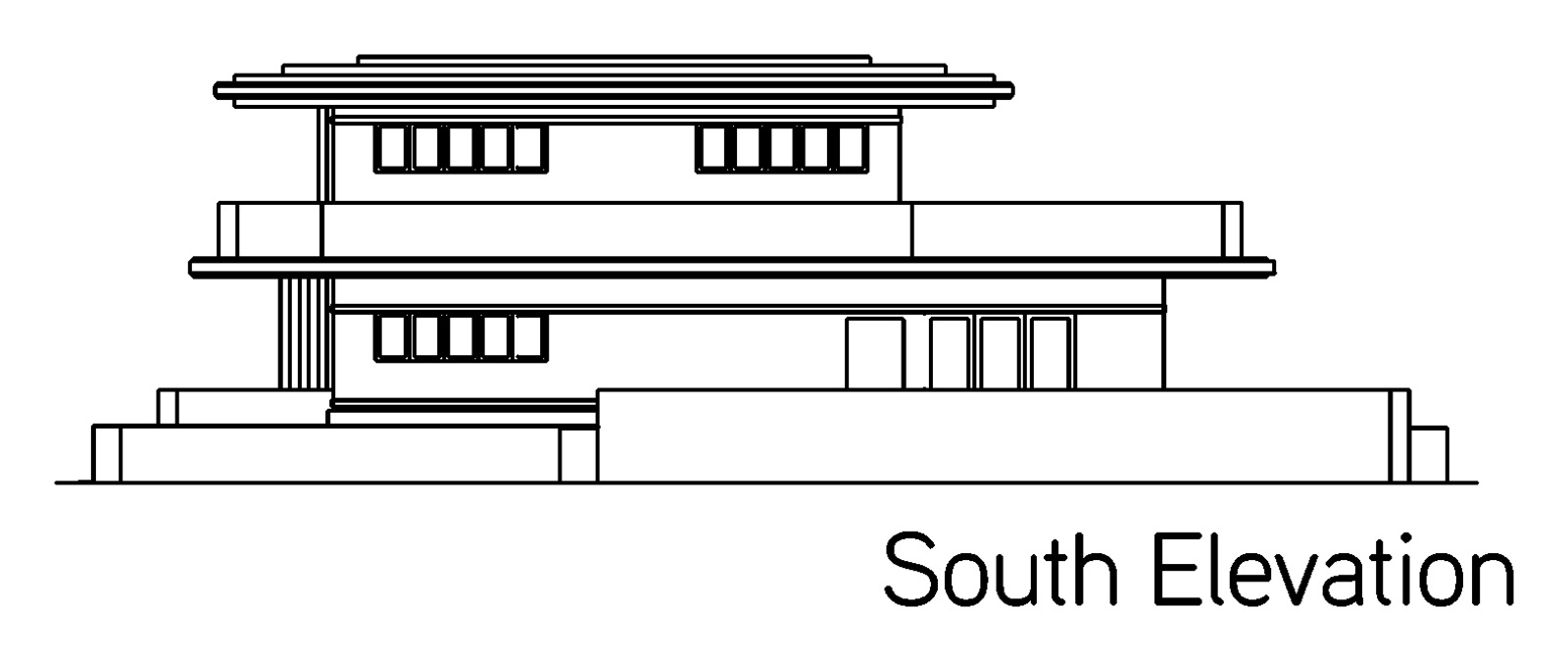 South elevation. The sun side, with the widest window band and the deepest overhang.