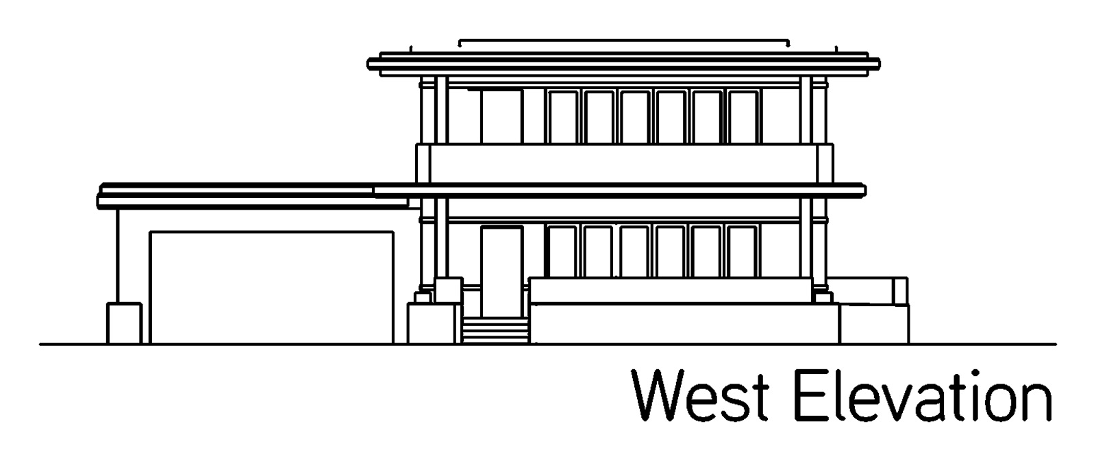 West elevation. The street face, with the garage wing reaching left under a flat roof.