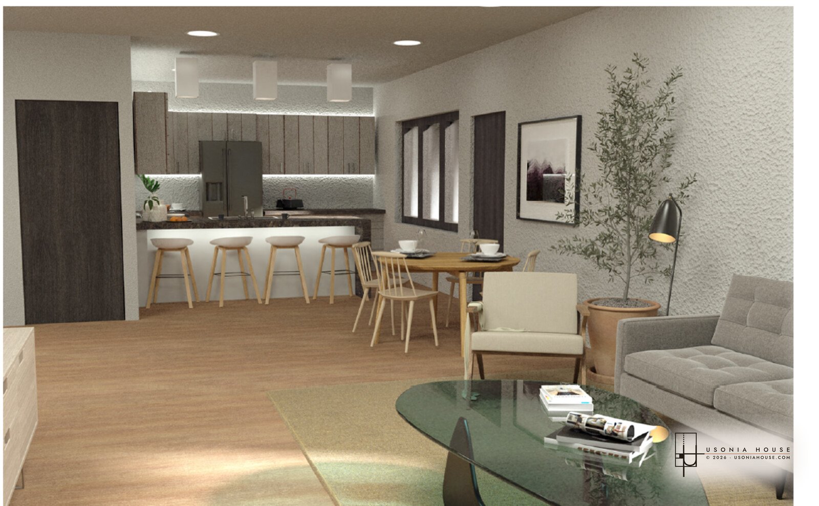 Kitchen, dining and living seen as one room, with an island and four stools.