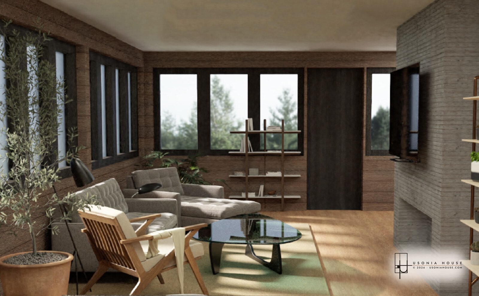 Living room. Ribbon windows down the long wall, a brick chimney mass on the right, low wood ceiling.