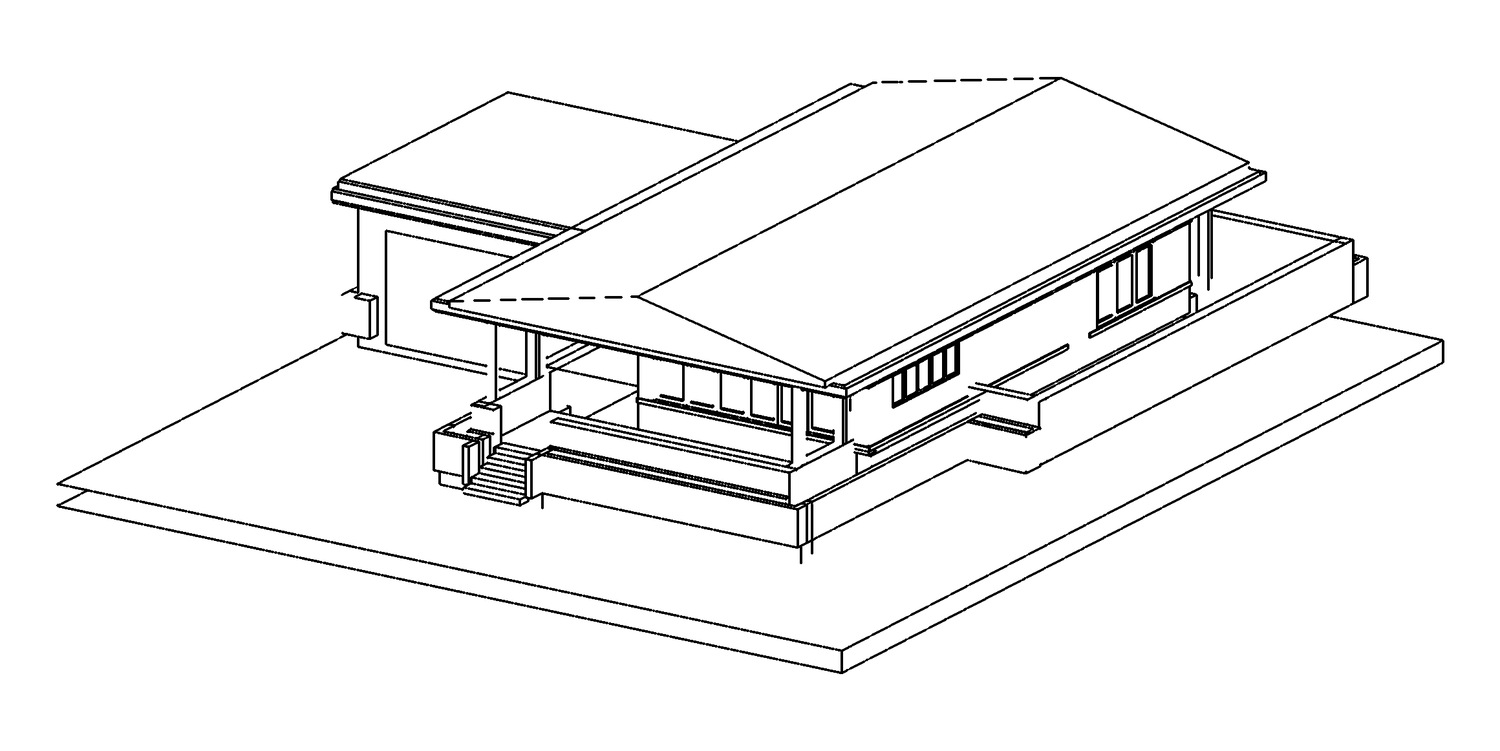 Aerial axonometric from the carport side, roof intact.