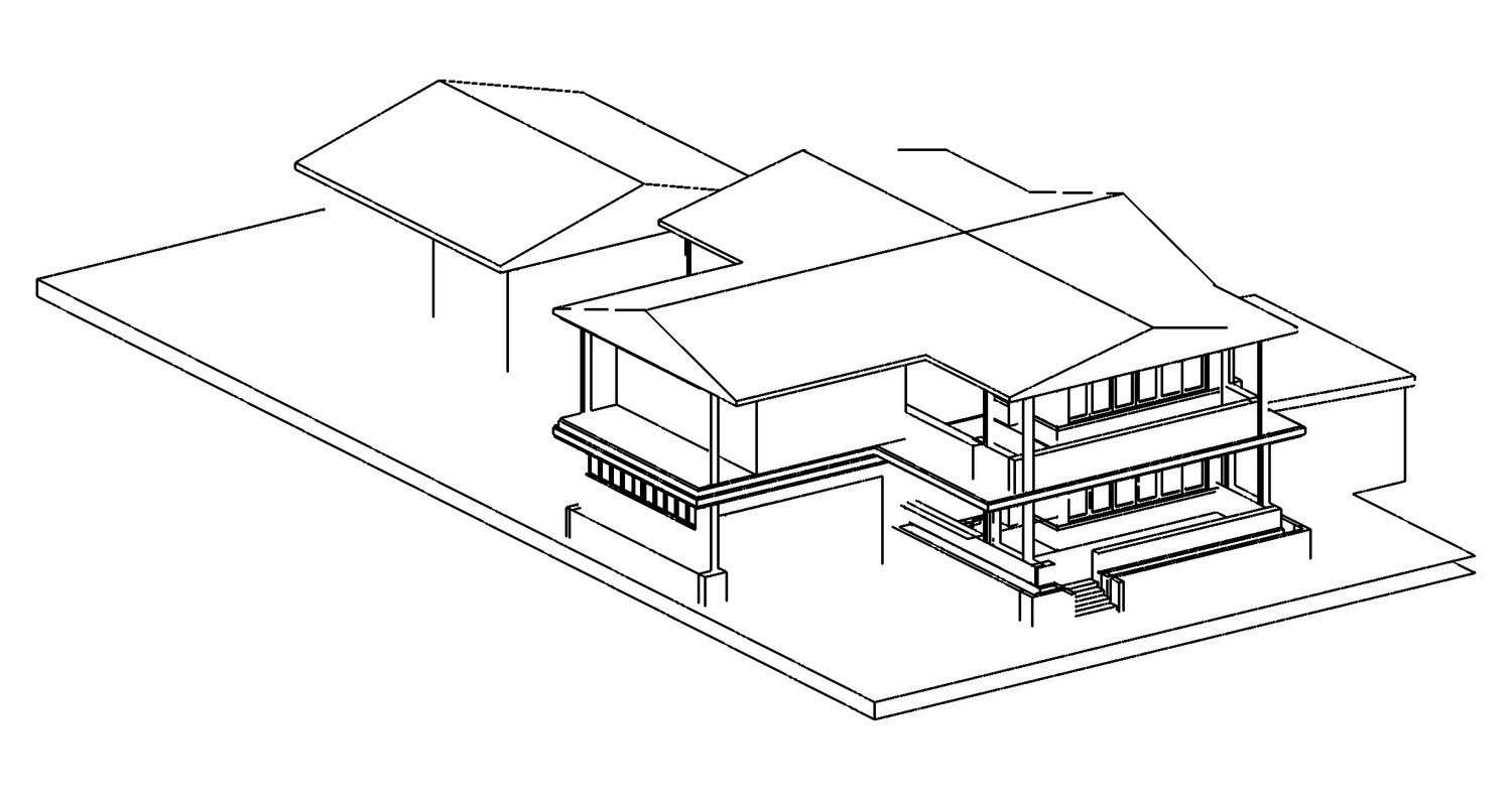 Aerial axonometric from the opposite corner, showing the porches wrapping two sides.