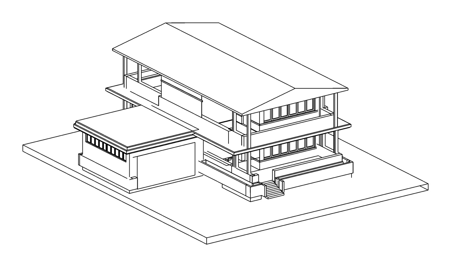 Exploded axonometric. The roof lifted clear and the two floors pulled apart to show the modules stacking.