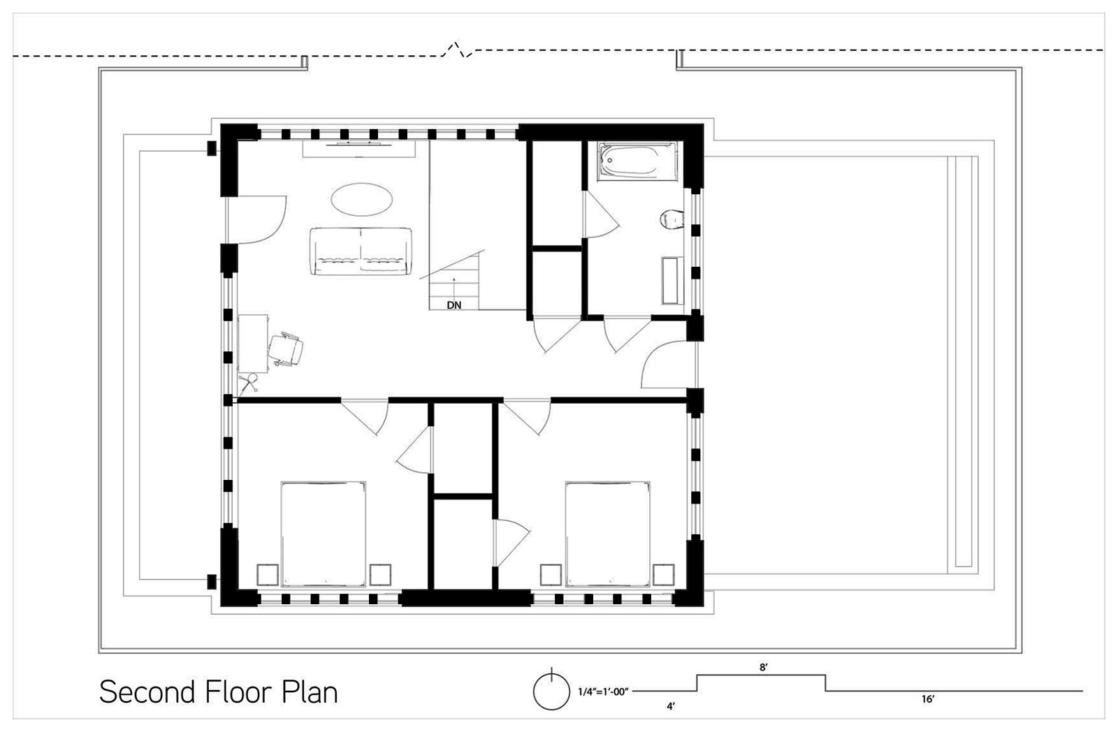 Second floor plan. Two bedrooms, a full bath, and an open study at the stair.