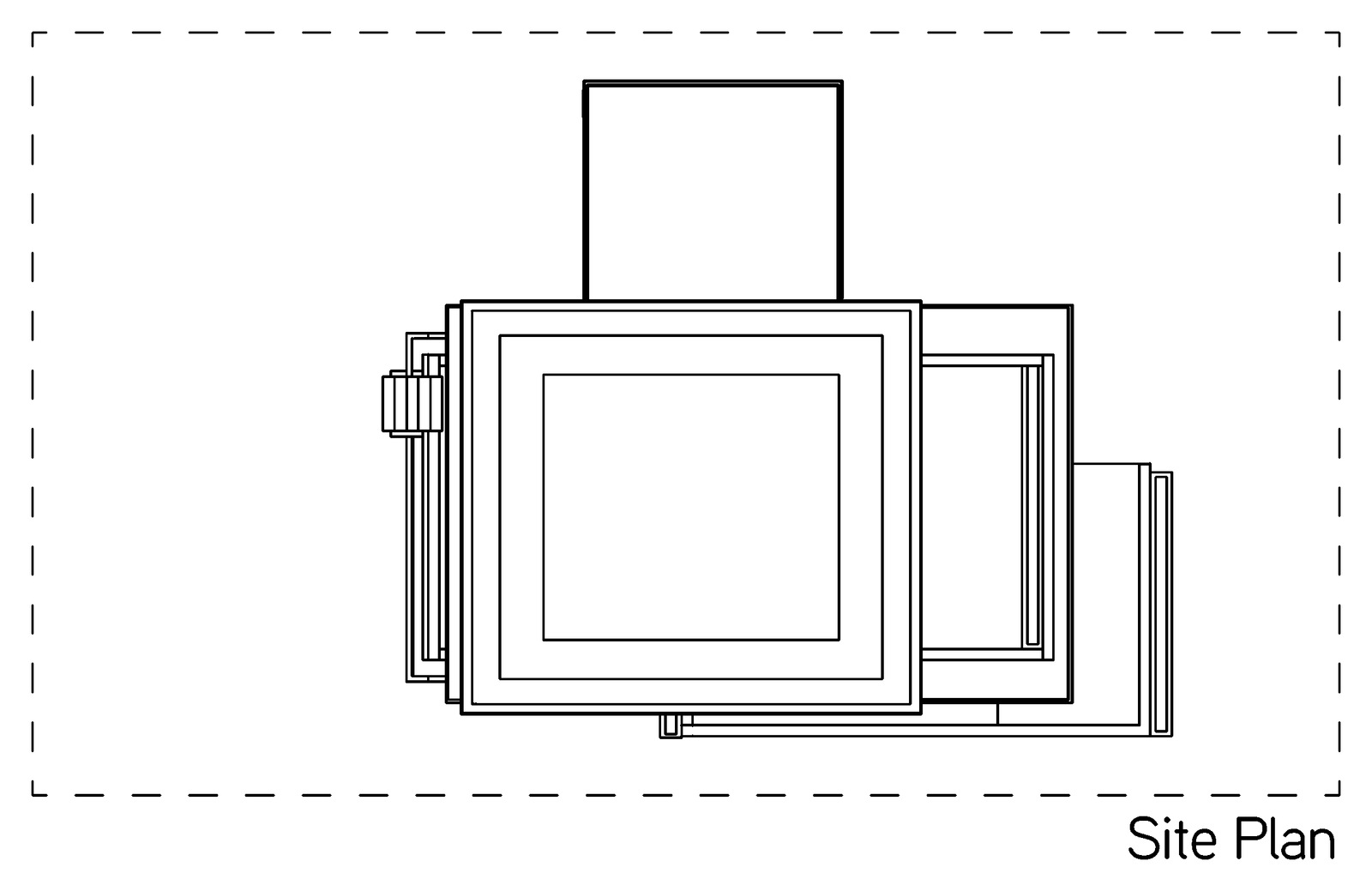 Site plan on a generic rectangular lot, showing the roof footprint, garage wing and terraces within a dashed property line.