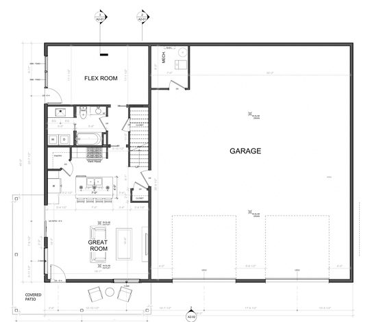 Level one. Living, kitchen, flex room, and the workshop garage.