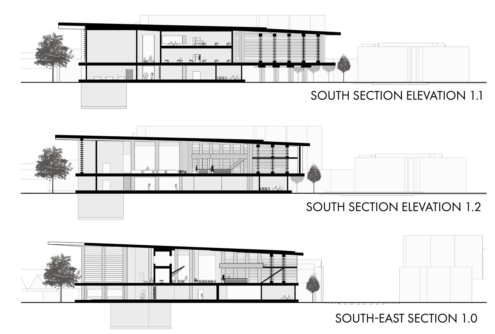Colored section elevations.