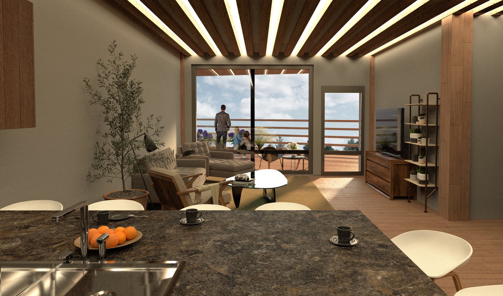 Inside a loft, light through the beamed ceiling.
