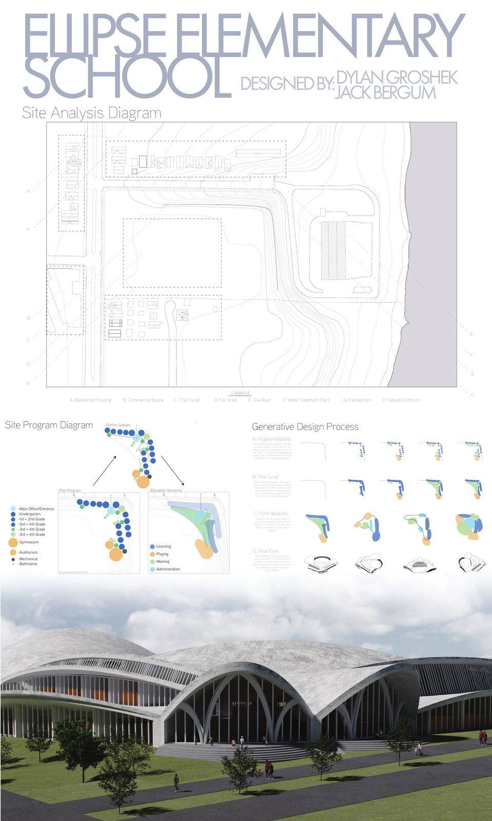 Board one: site analysis, process, and the entry front.