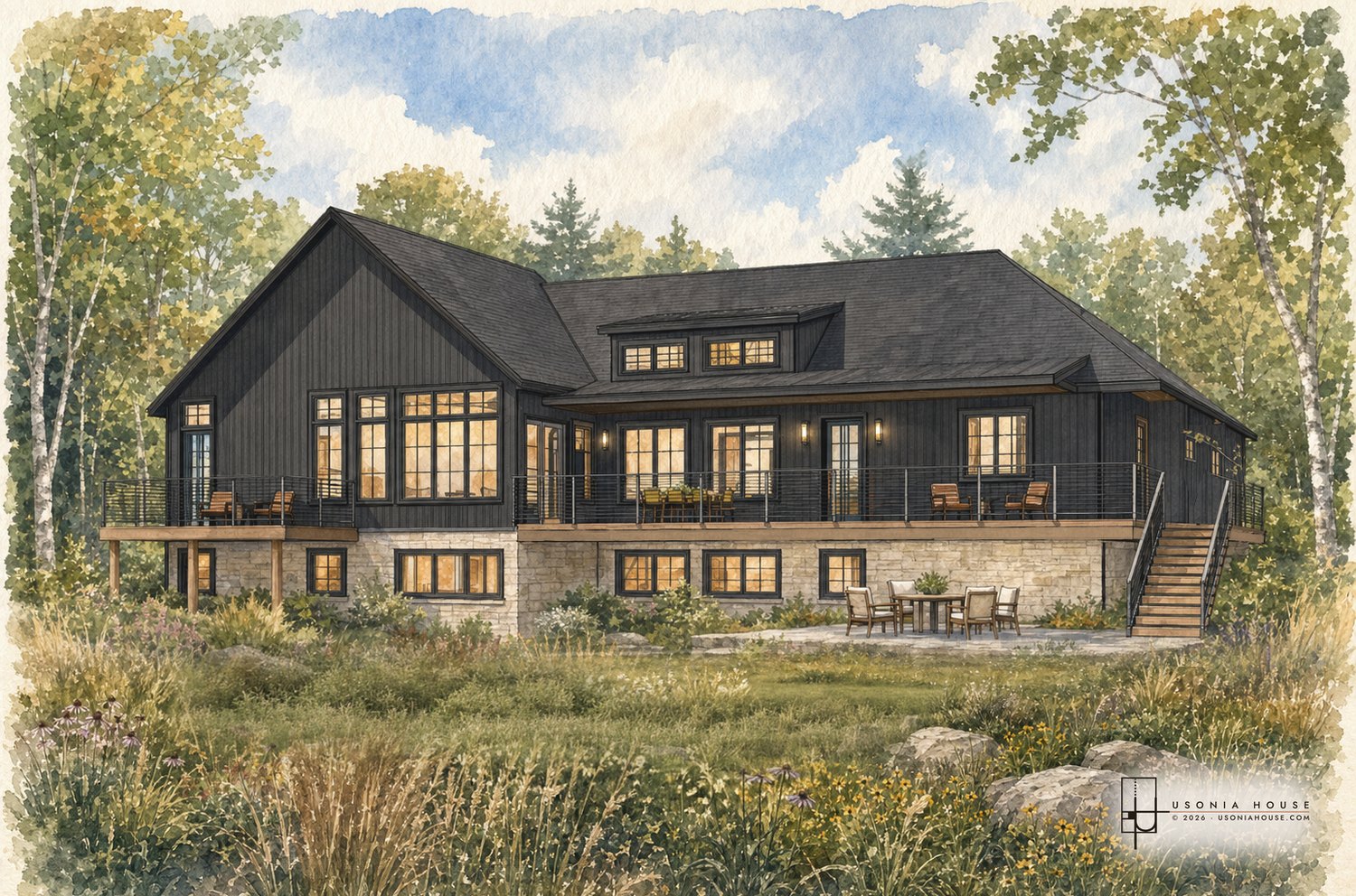 The Graff Residence from the rear, where the lot falls away into the woods.