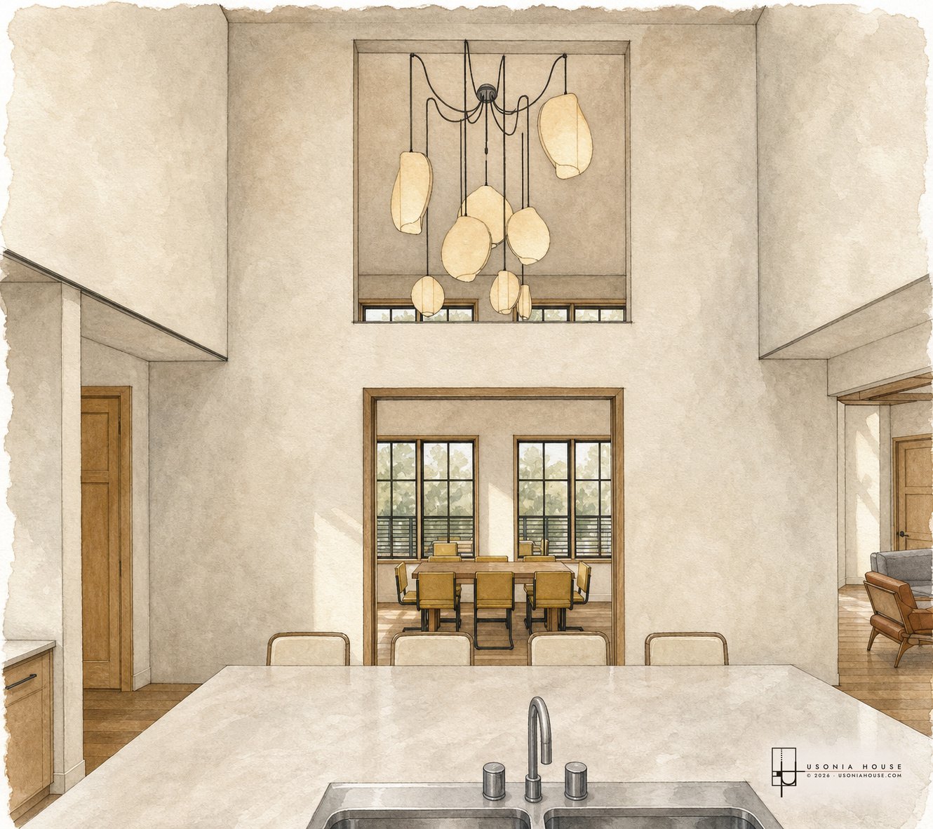 Looking from the island through the tall opening to the dining room.