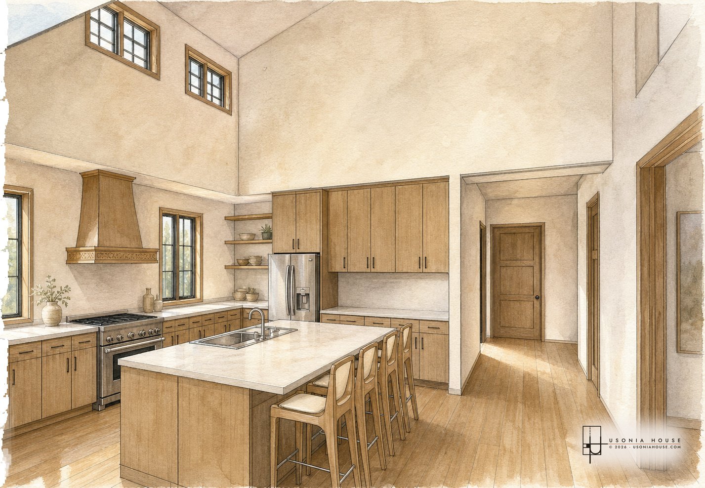 The kitchen straight on, vaulted with a band of clerestory windows.