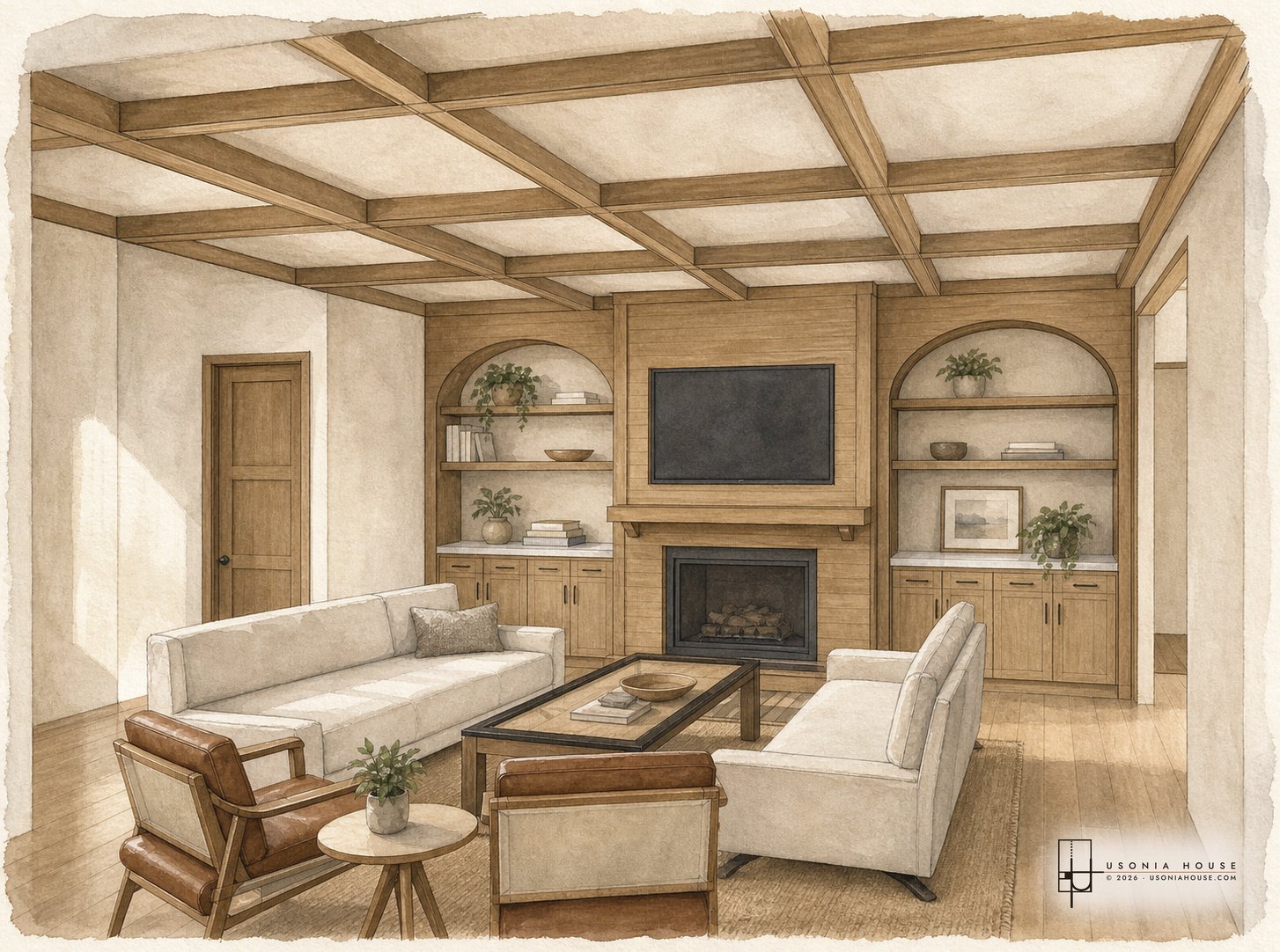 The living room, coffered ceiling built down, arched niches either side of the hearth.