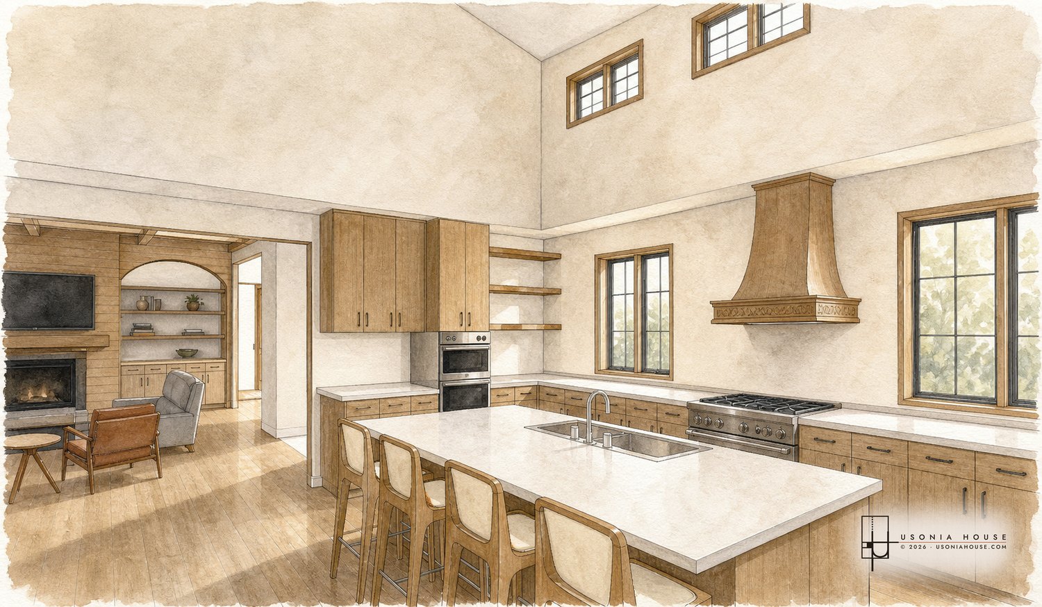 The kitchen with the living room beyond, under the clerestory band.
