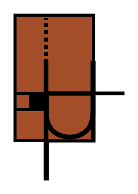The Imperial: a rust filled square with black plan lines