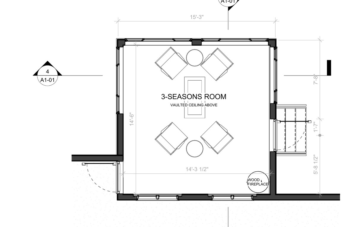 Floor plan of the three season room addition, new work and demolition.