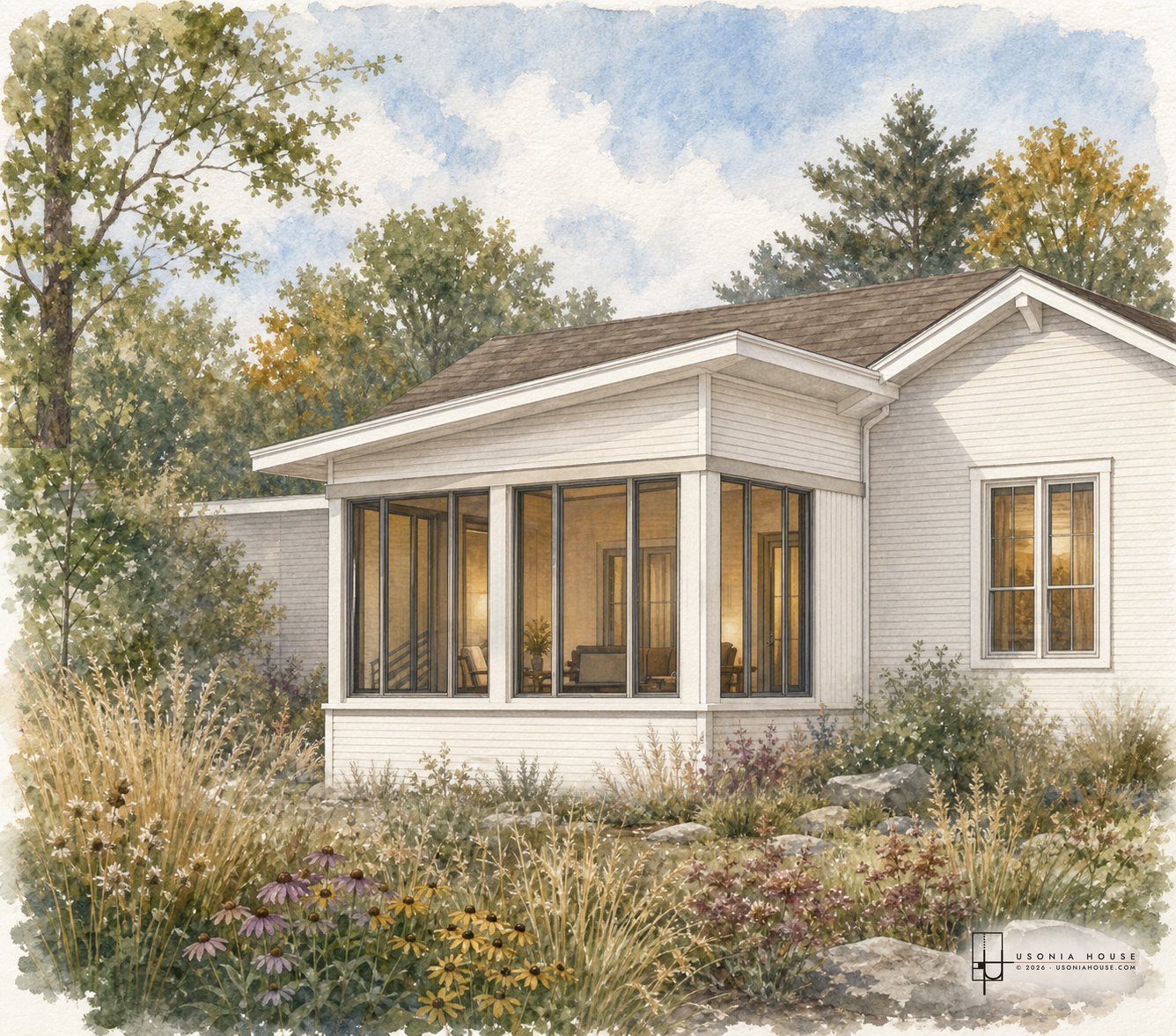 Watercolor view of the three season room addition in Scheme 1, sided base with slim dark window frames.