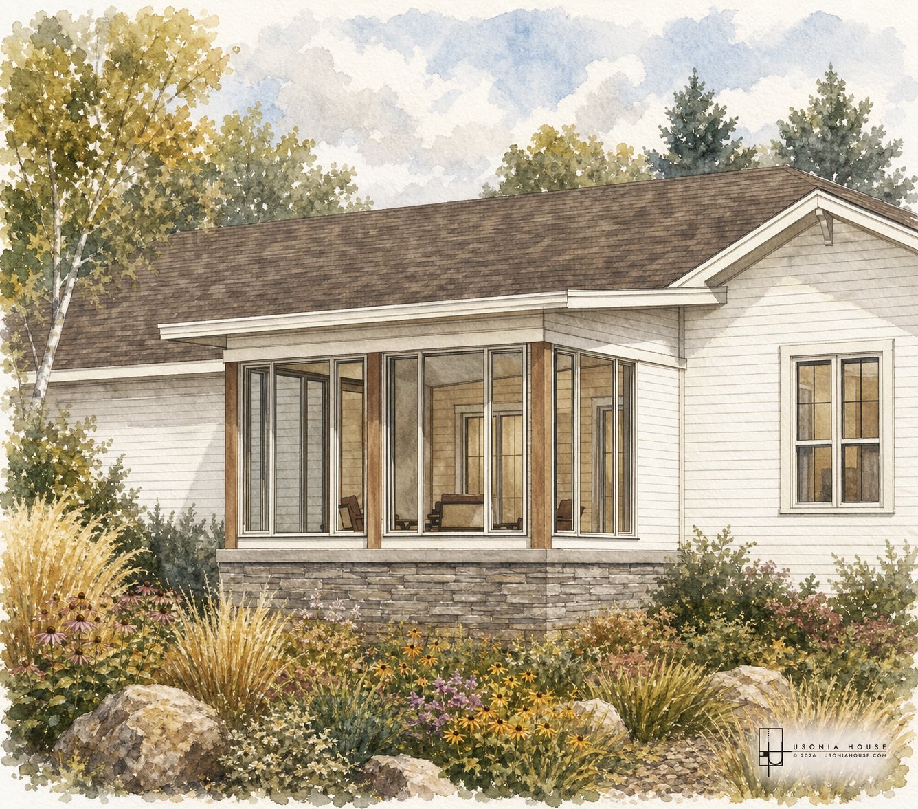 Watercolor view of a three season room addition with a dry stack stone base and timber corner posts.