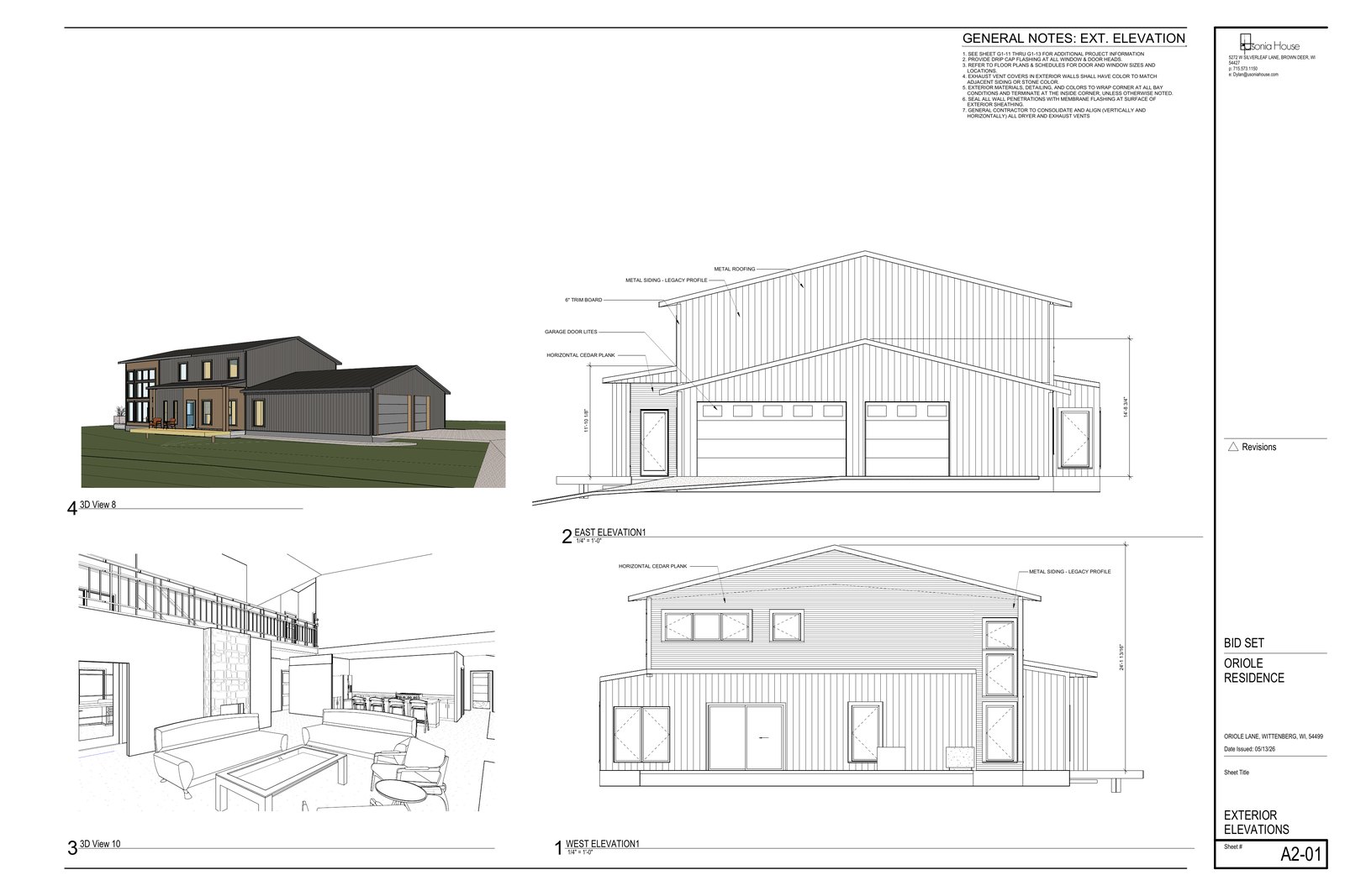 Exterior elevations and 3D views.