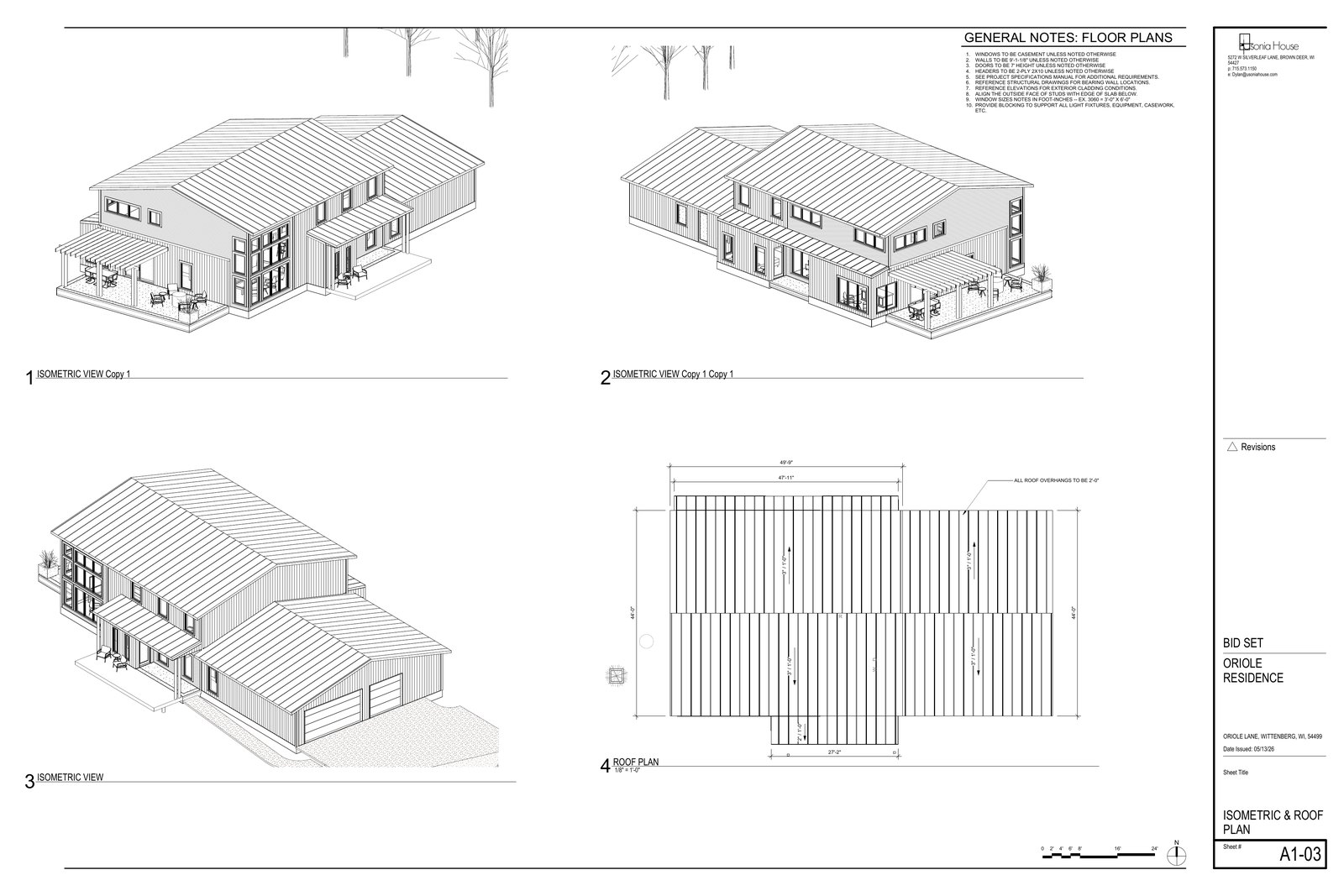Isometric views and roof plan, from the bid set.