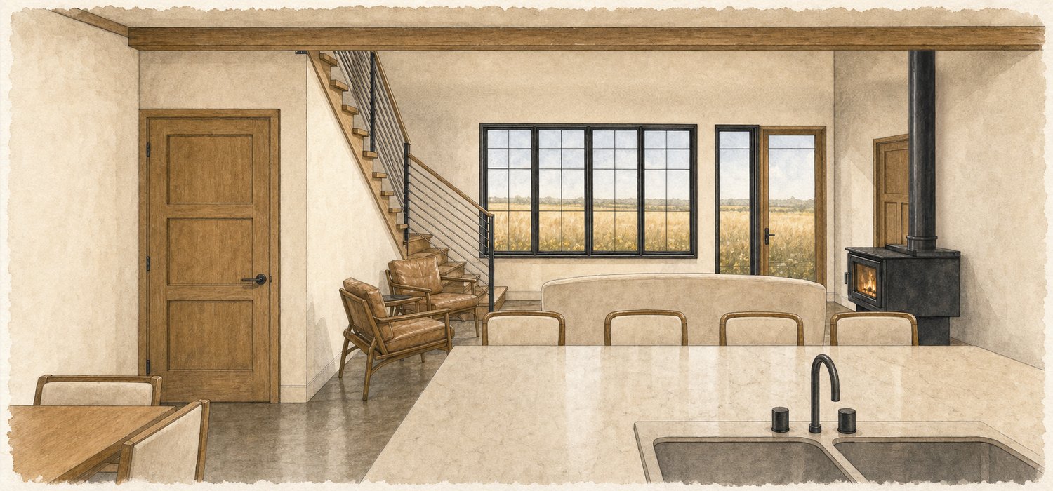 The living volume, open to the loft above.