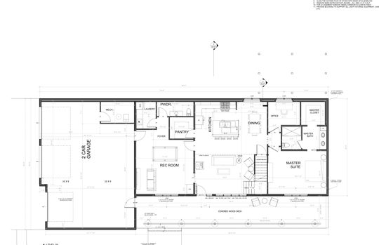 Main level. Living, master suite, and the reoriented garage.