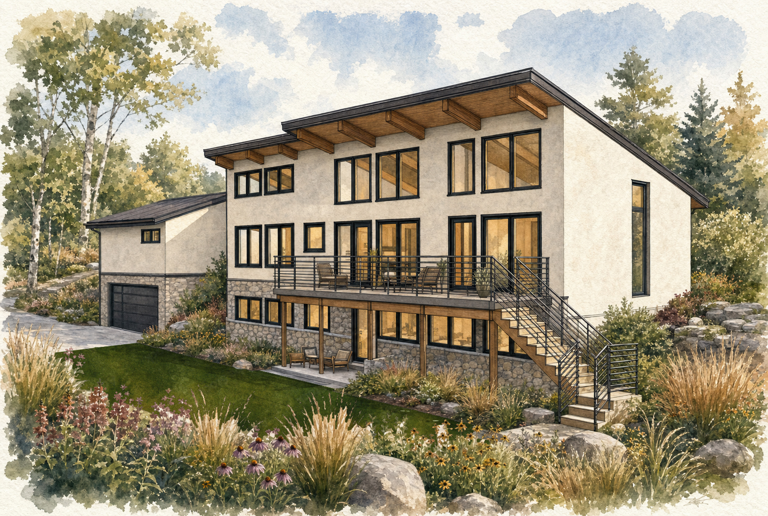 The Usonia Prairie House from below, with the lower level walked out to grade.