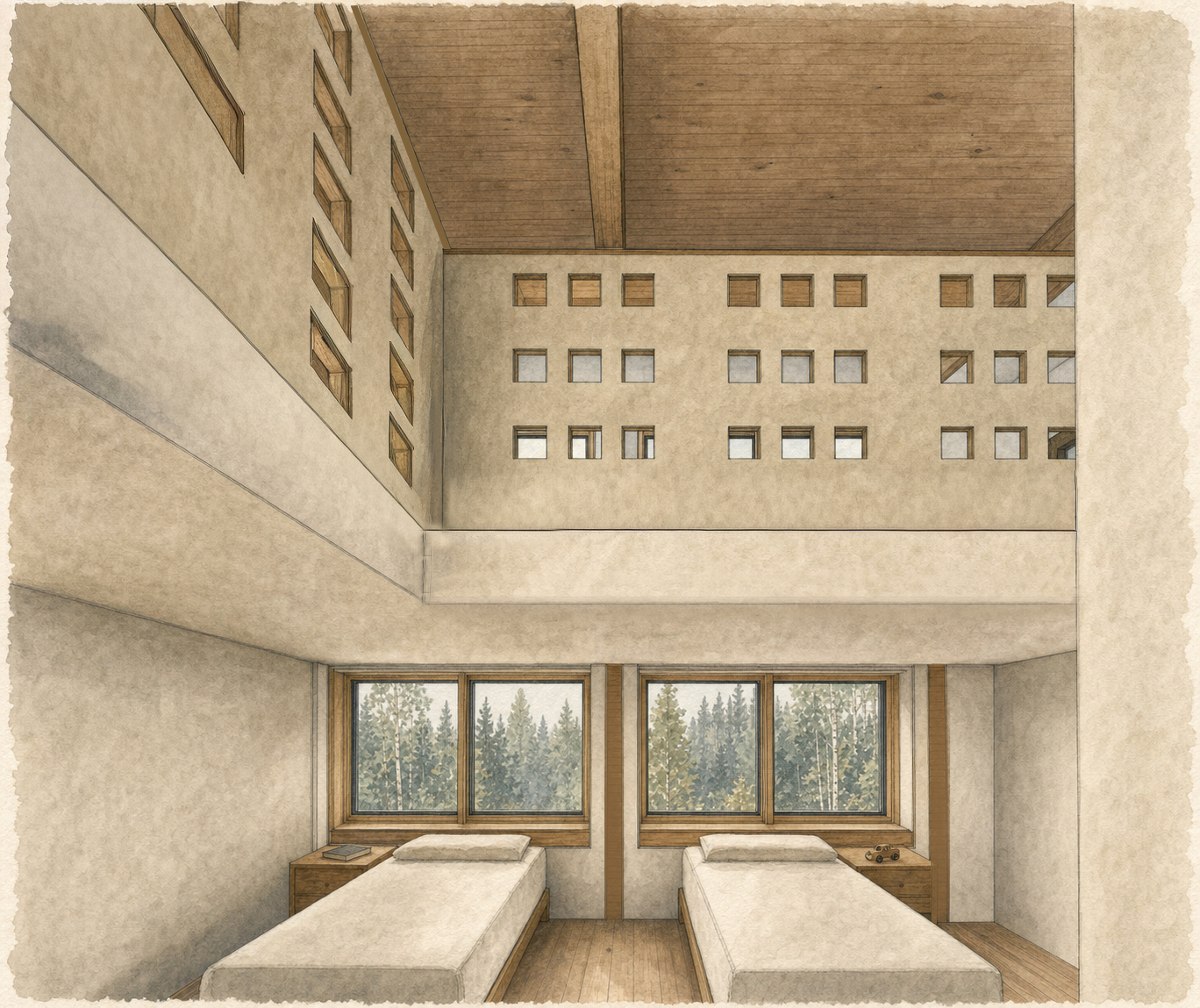 The double height bunkroom, with the pierced screen of the loft above it.
