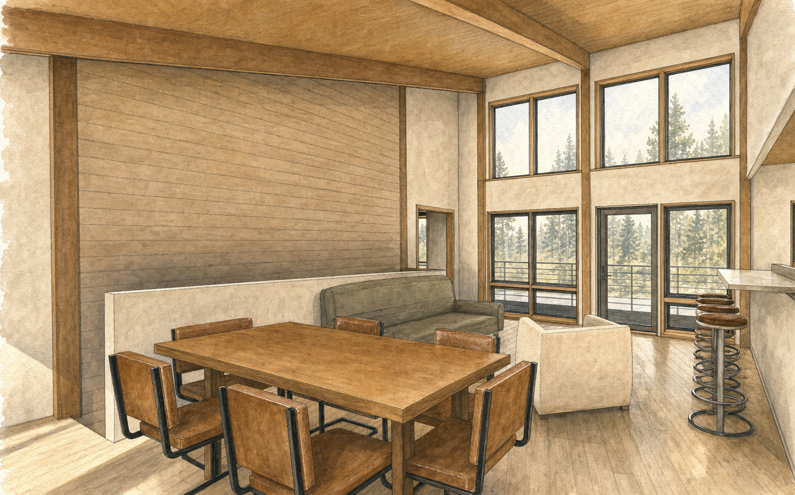 Living and dining under the single slope, opening to the deck.