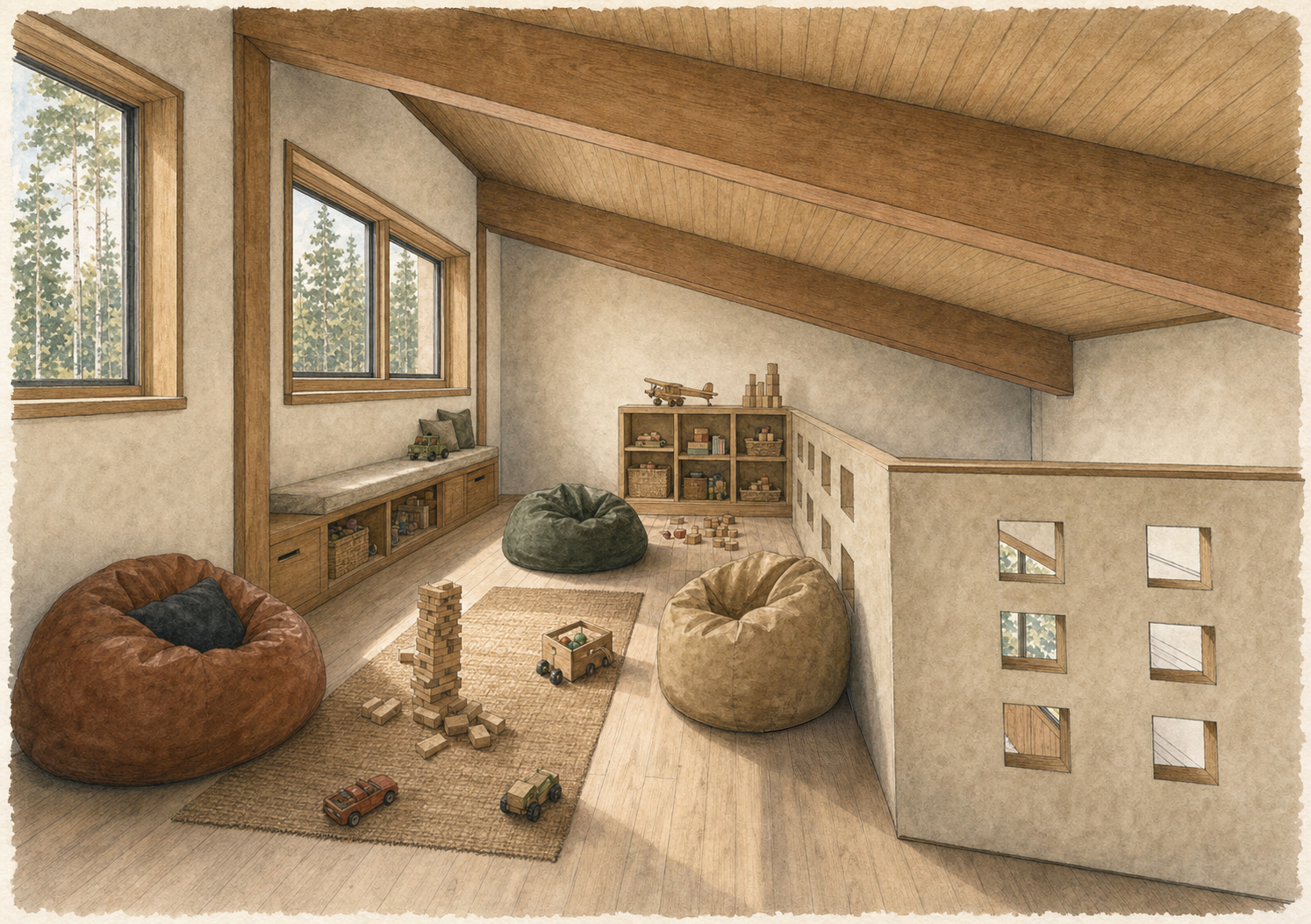The loft play space with window seat and storage below it.