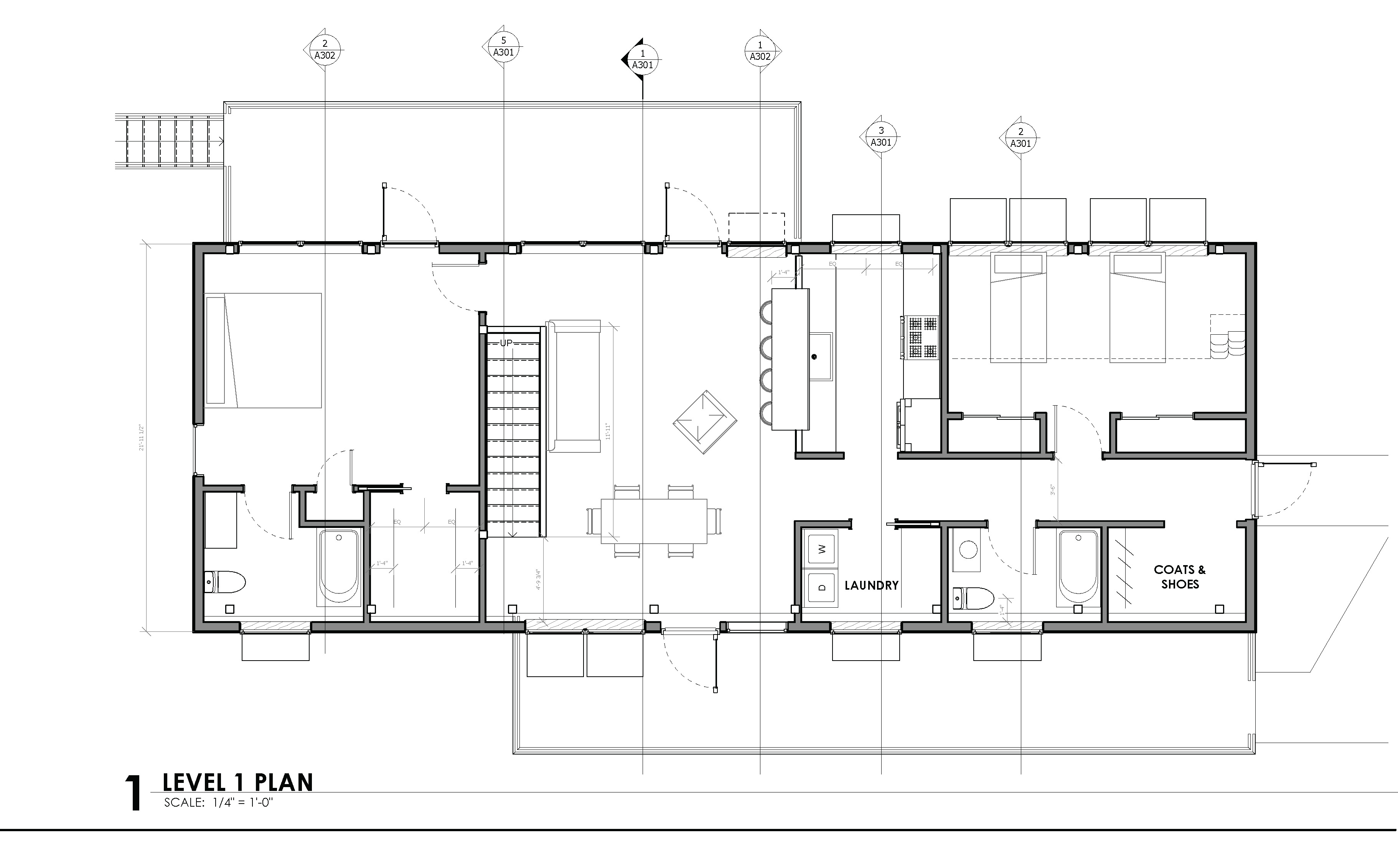Level 1 plan of the Usonia Prairie House. Three bedrooms, two baths, laundry and mudroom off one open living volume.