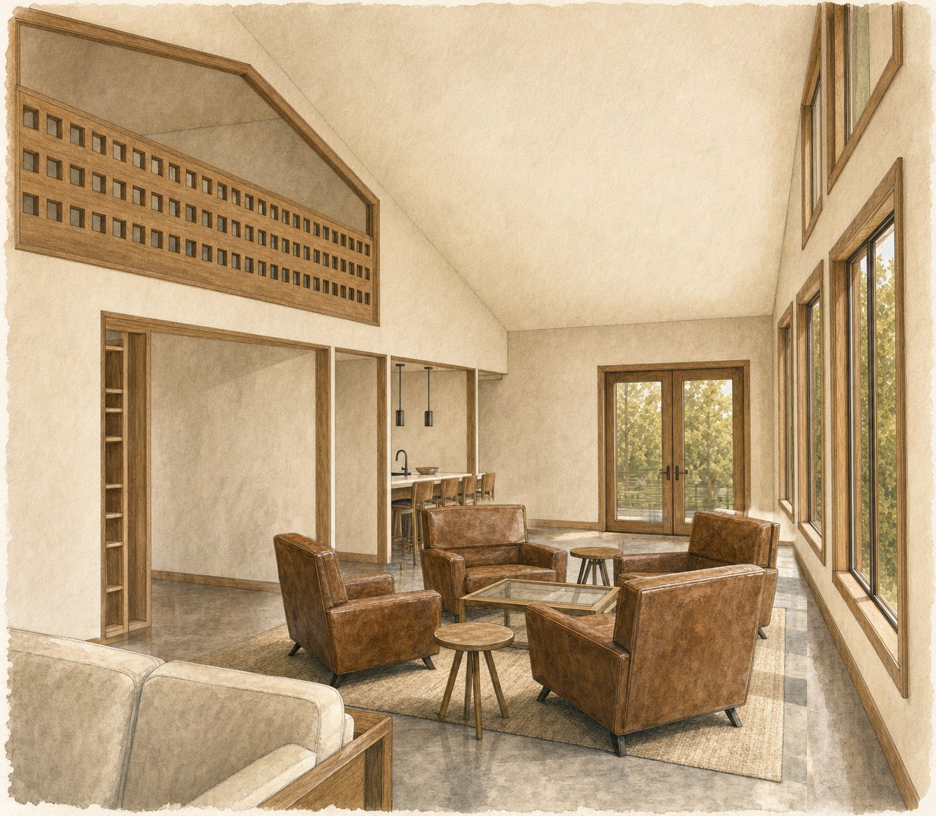 The kitchen, with the loft looking down over it.