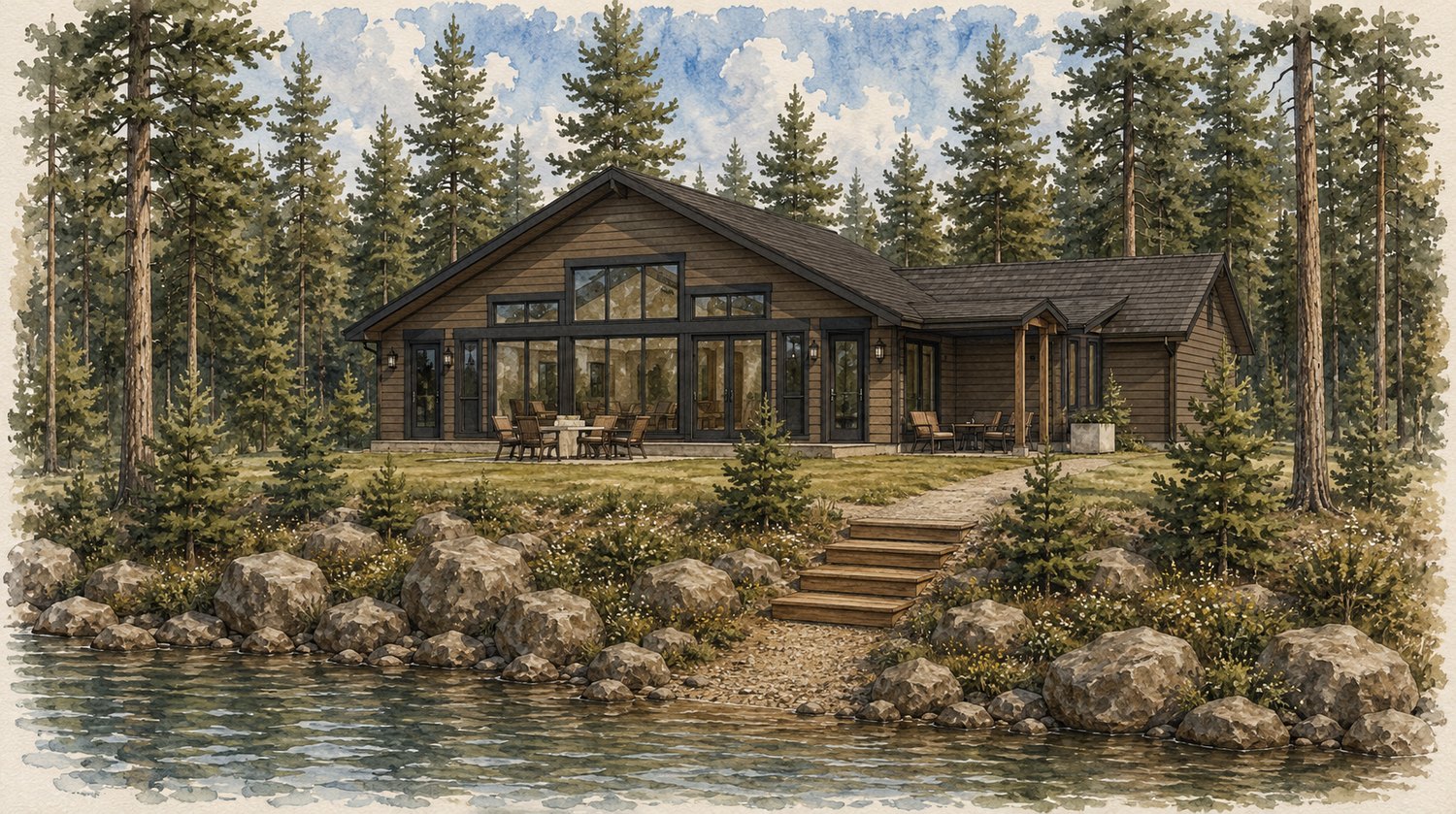 The Resch Bunkhouse, seen from Mid Lake.