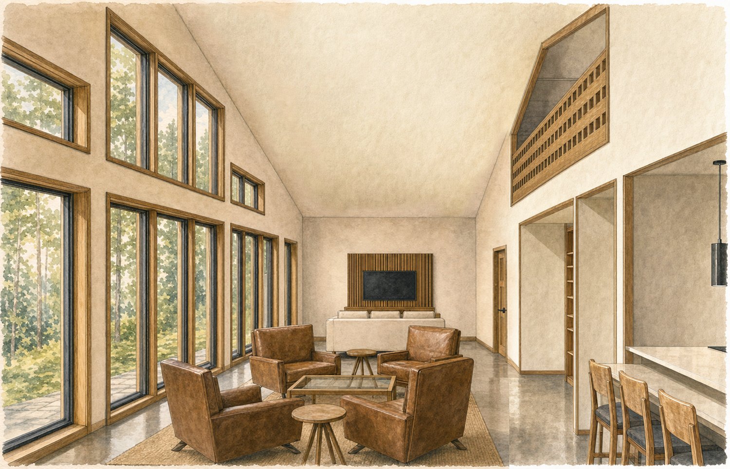 The living space and the lake wall.