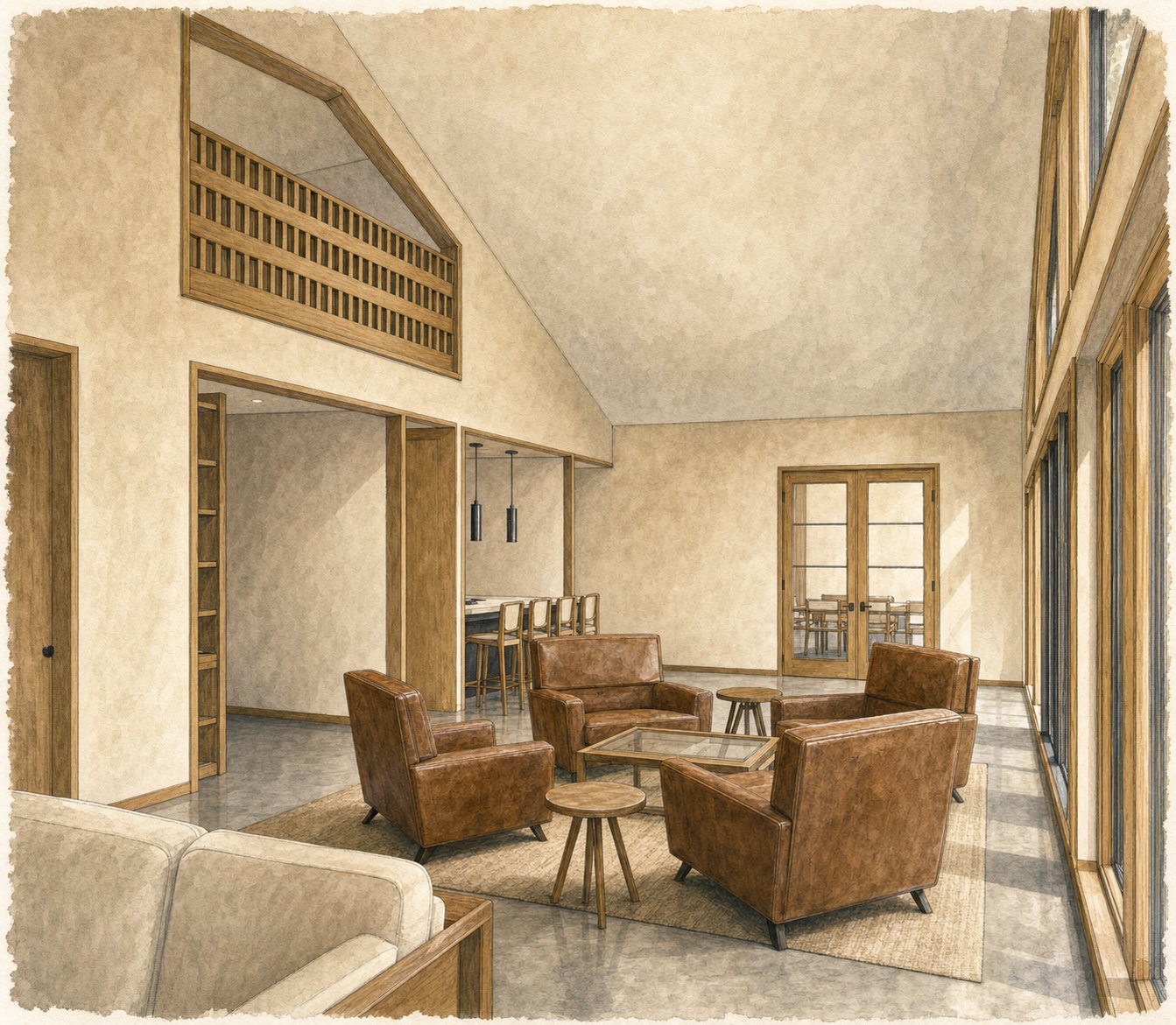 The loft lounge above, with the ladder built into the cabinetry at the left.