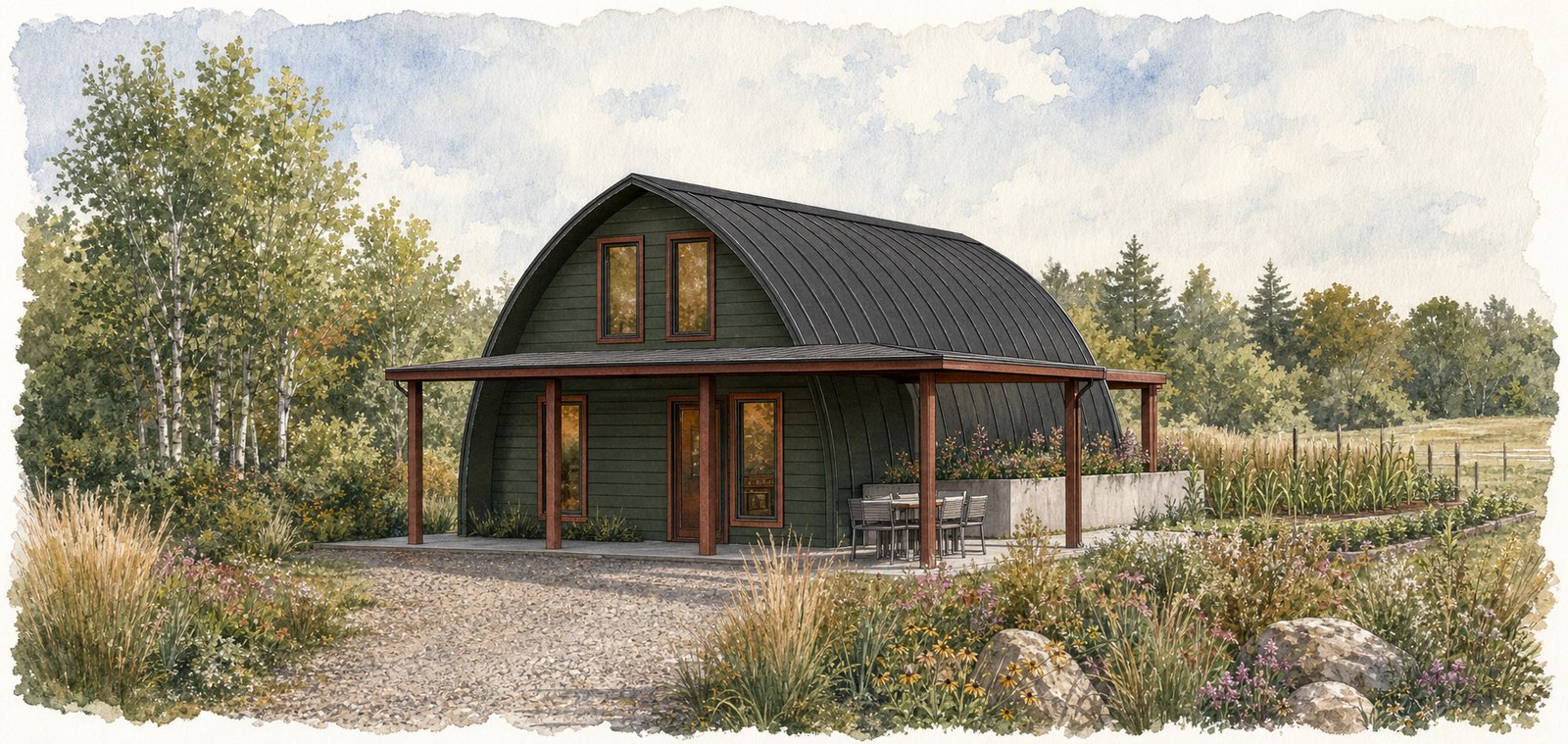 The Shell Loft from the drive, a dark steel arch with a covered porch along one side.