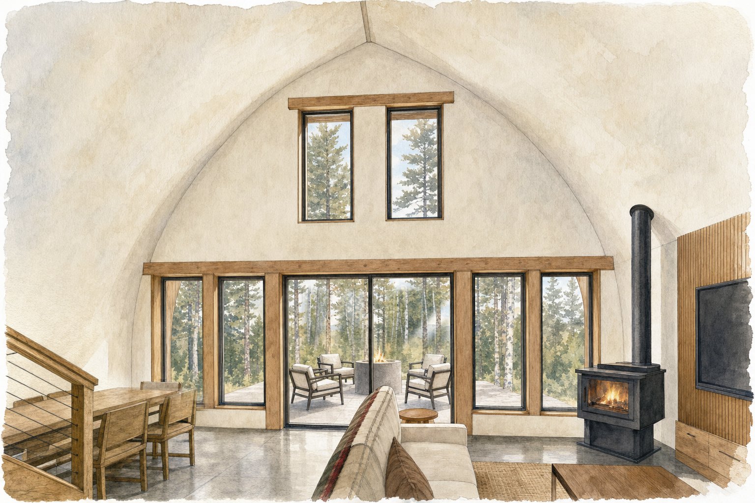 Living room of the Shell Loft looking out to the covered patio.