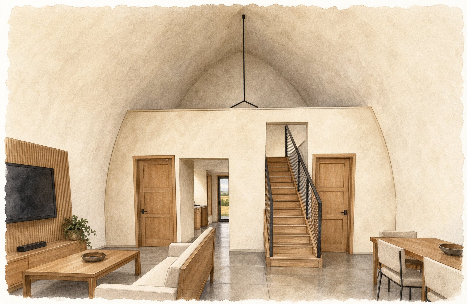 Interior of the Shell Loft looking back toward the loft and stair.