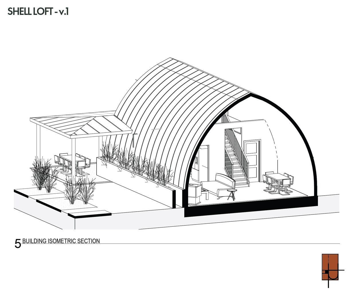 Cutaway isometric of the Shell Loft with the covered patio and pergola.