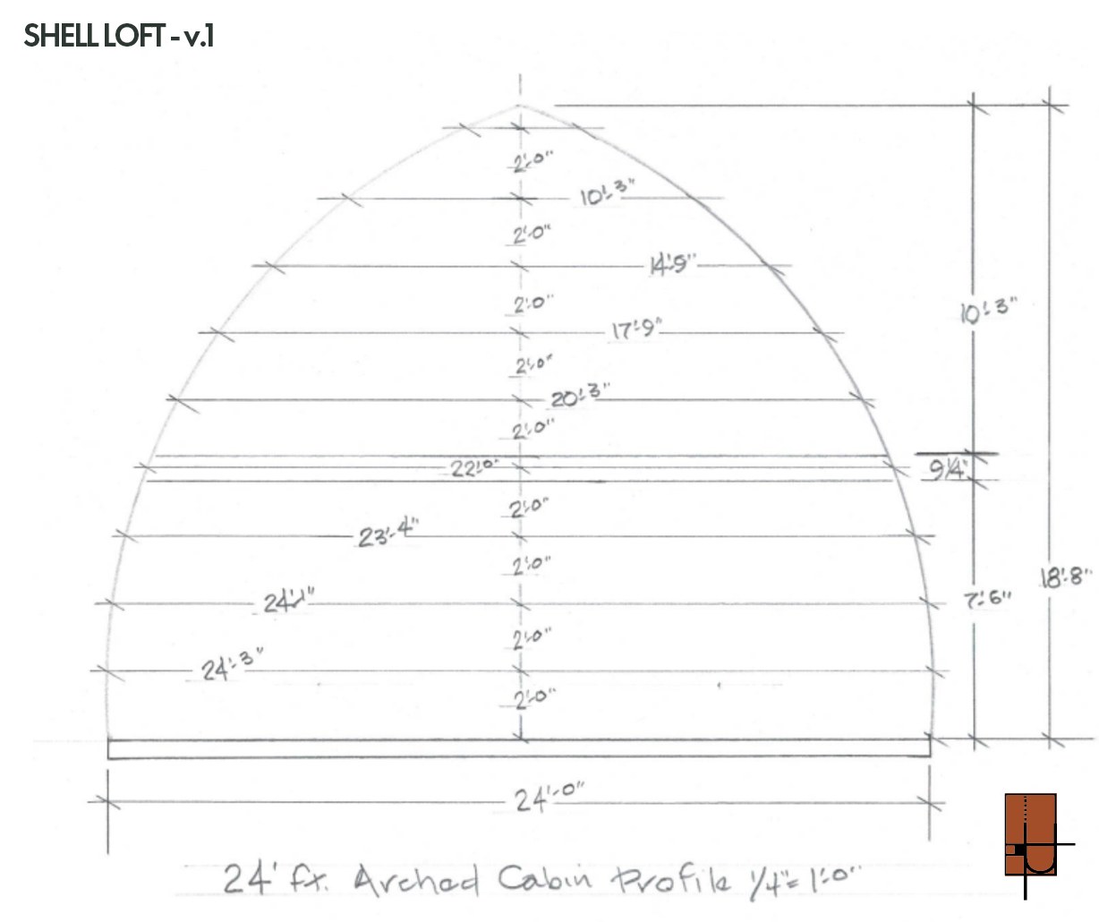 Hand drawn 24 foot arch profile with clear widths at two foot intervals.