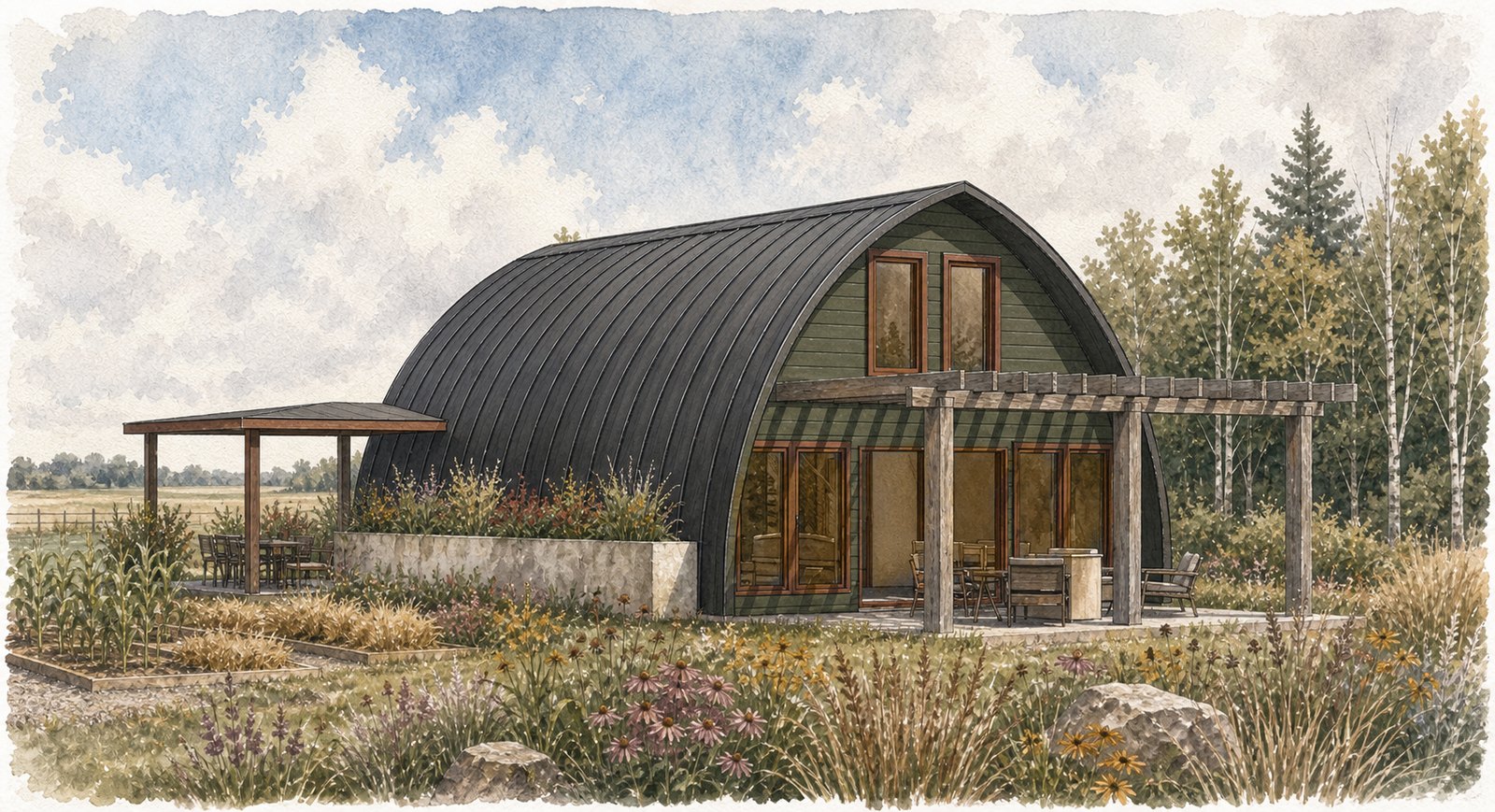 The Shell Loft from the side, showing the full length of the arch and the garden.