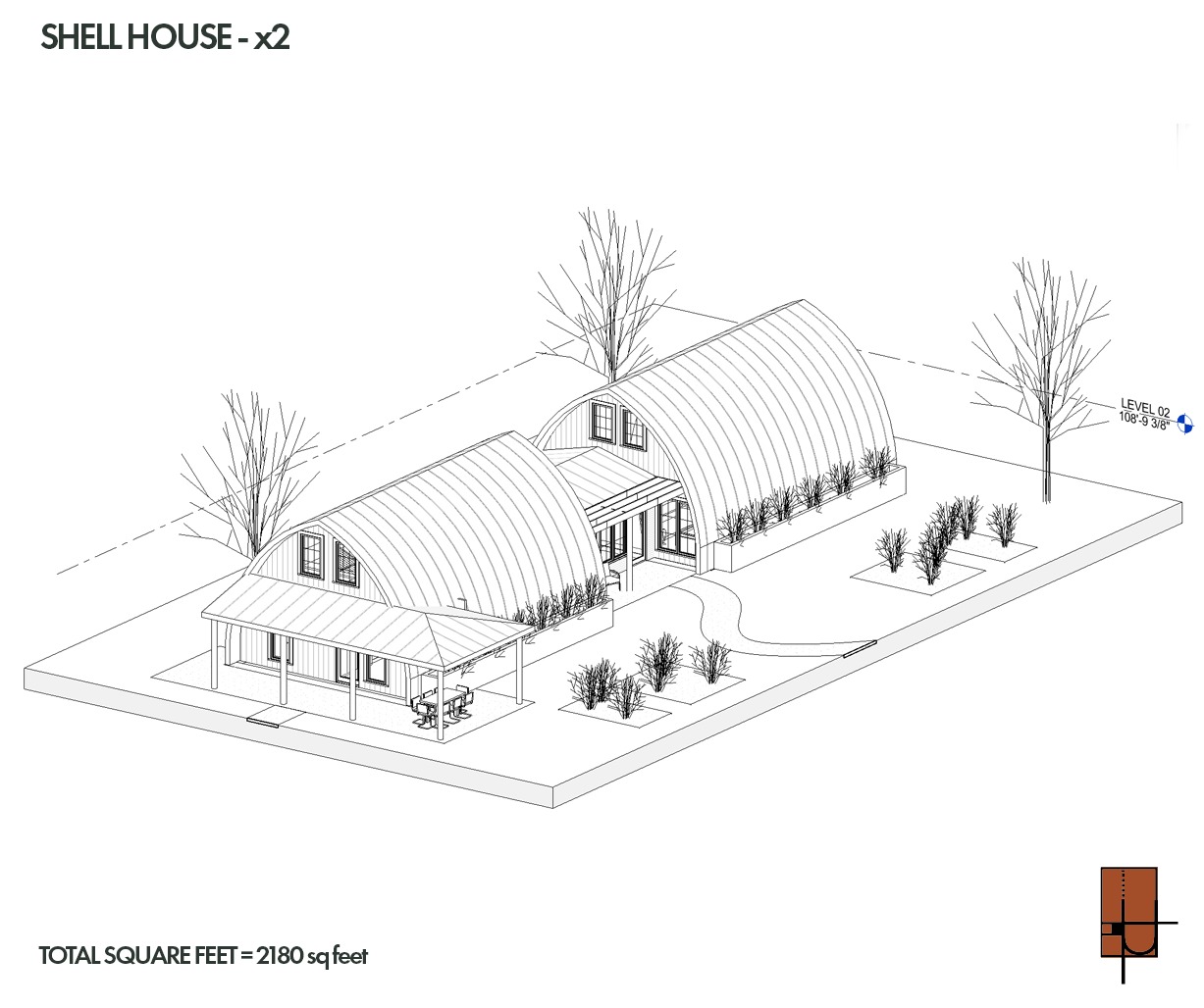 Axonometric view of The Shell House showing both arches, the connector and the covered porch.