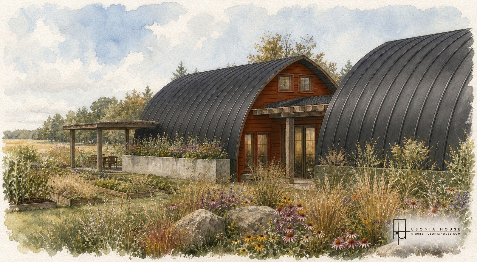 Three quarter view of The Shell House with the timber connector reading as the front door.
