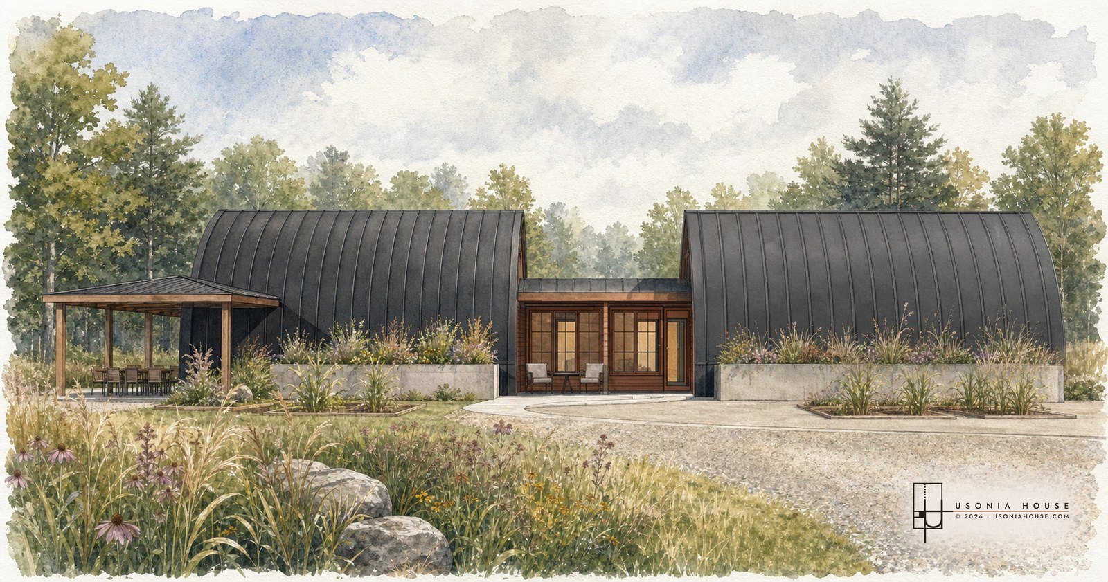 The Shell House seen head on, two dark steel arches held apart by a glazed timber connector.