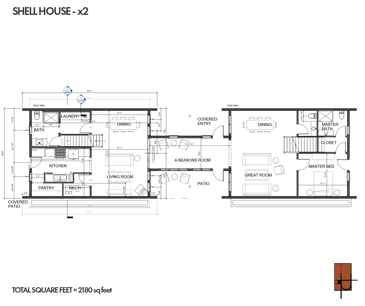 Main floor plan of The Shell House, two shells joined by a four season room.