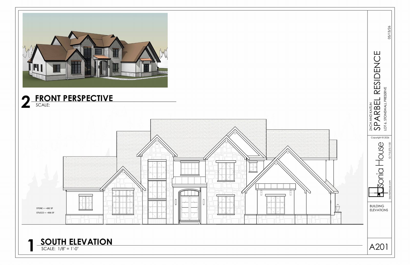 South elevation and front perspective.