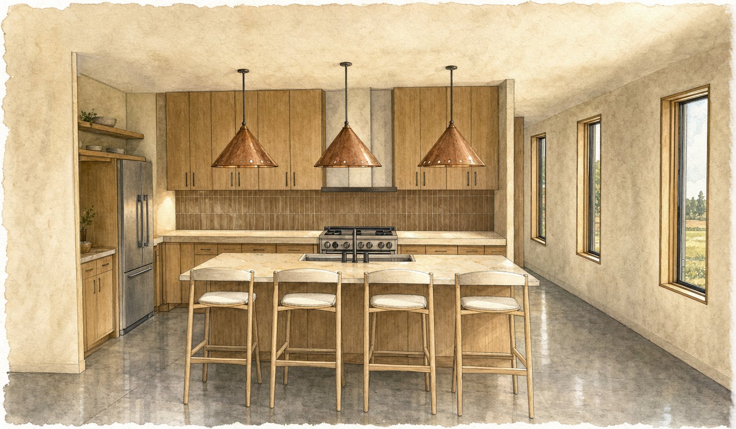 The kitchen at Stonewall Preserve, with custom copper pendants.